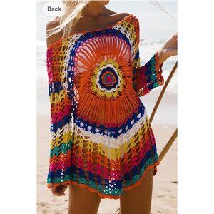 Handmade Open Knit Size Small‎ Colorful Boho Mandala Poncho Swim Coverup